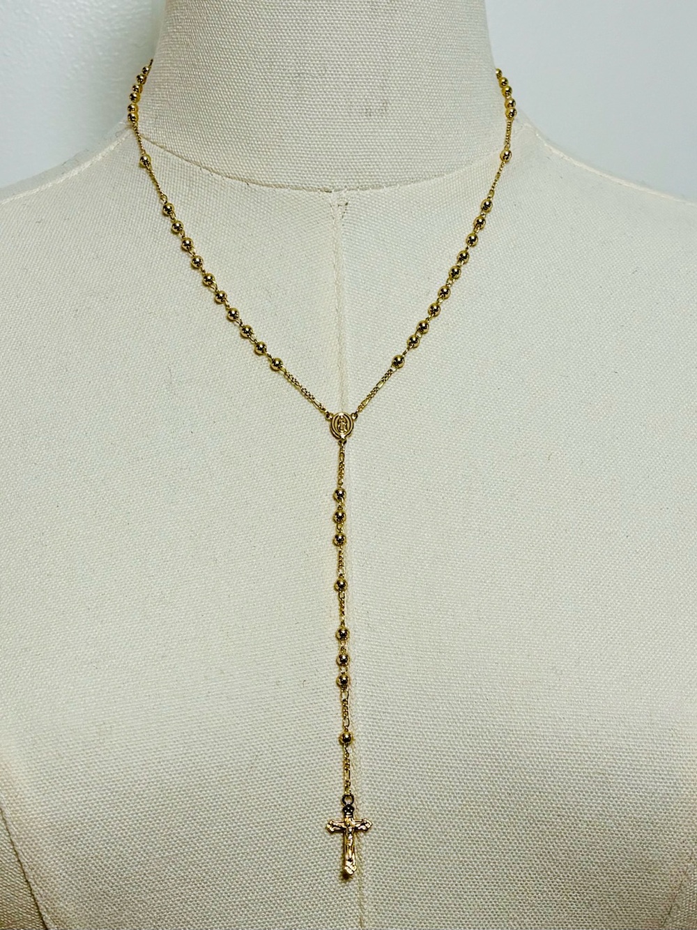 Gold-Plated Beaded Catholic Saint & Cross Pendant Rosary Lariat Y-Necklace
